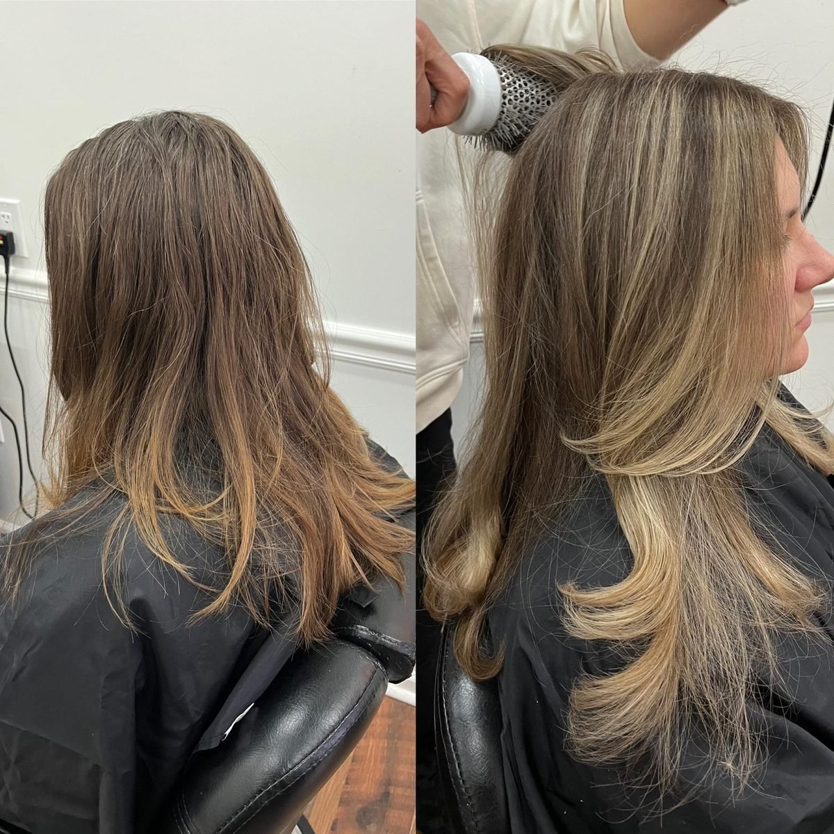 Before and after: grown-out color refreshed with blonde highlights and face-framing layers