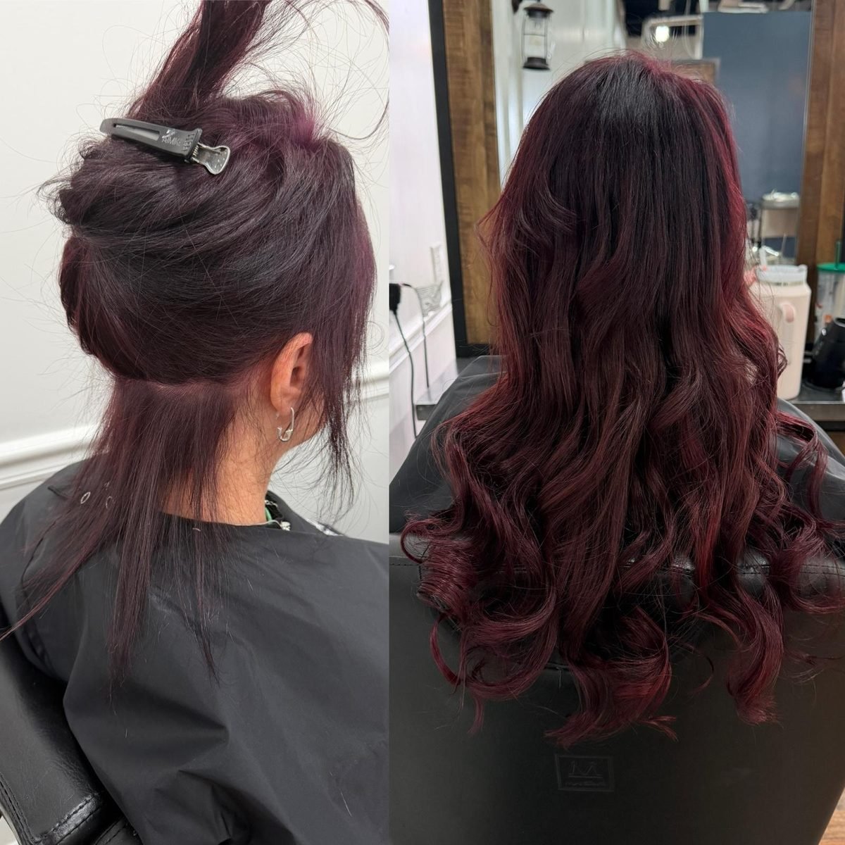 Before and after: burgundy color with extensions for length and volume