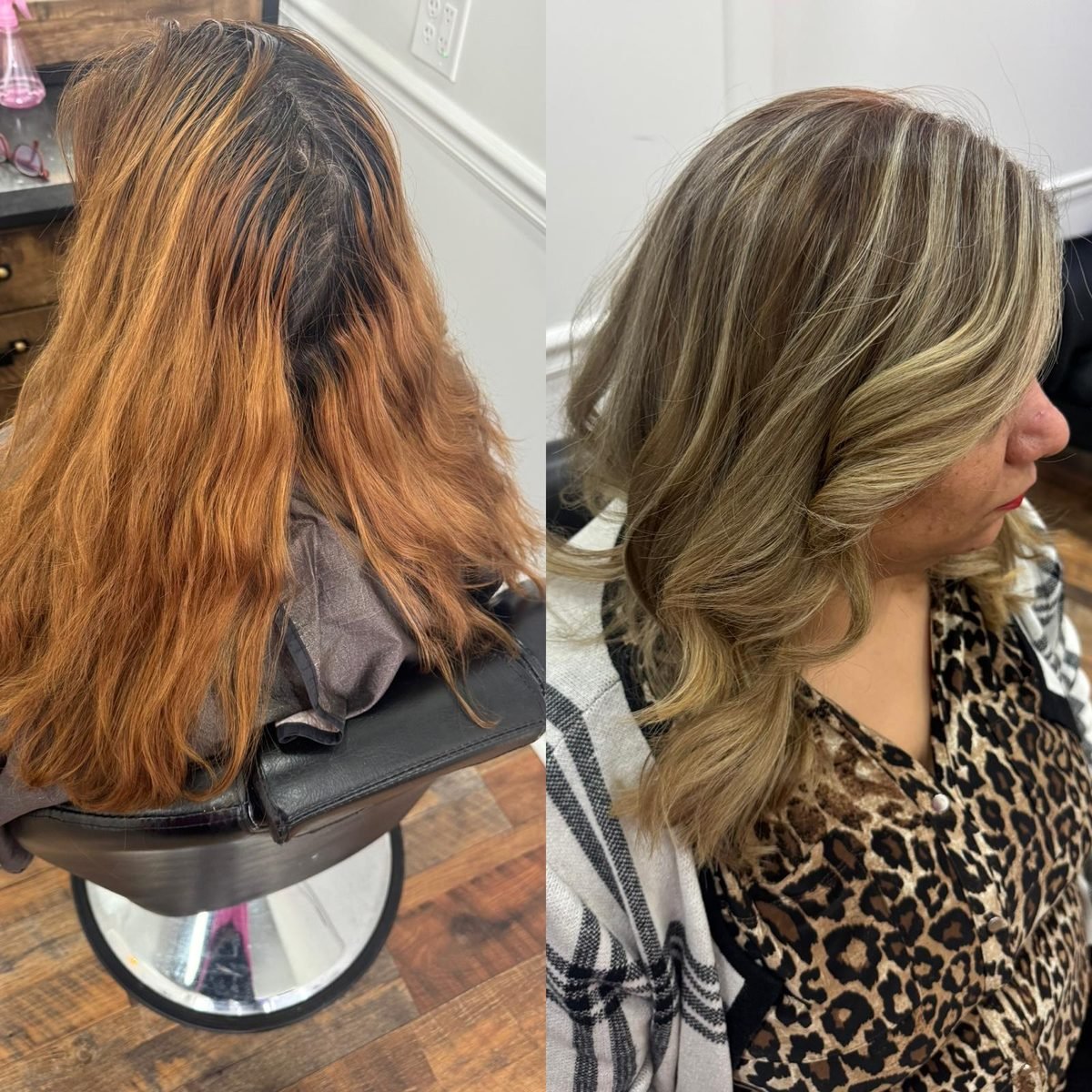 Before and after: brassy copper corrected to soft, dimensional blonde